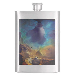 Space Nebula blue yellow Alcohol ink art Hip Flask