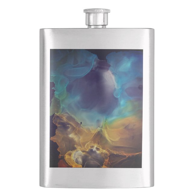 Space Nebula blue yellow Alcohol ink art  Hip Flask (Front)