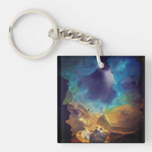 Space Nebula blue yellow Alcohol ink art Key Ring