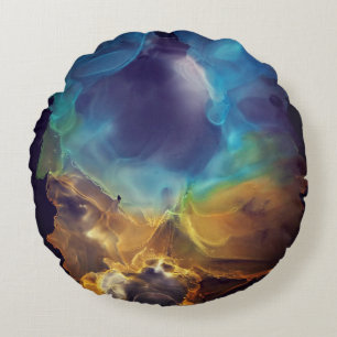 Space Nebula blue yellow Alcohol ink art Round Cushion