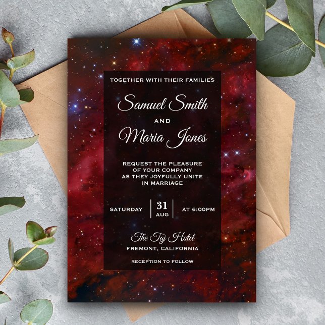 Space Nebula Maroon Galaxy Wedding Invitation (Creator Uploaded)