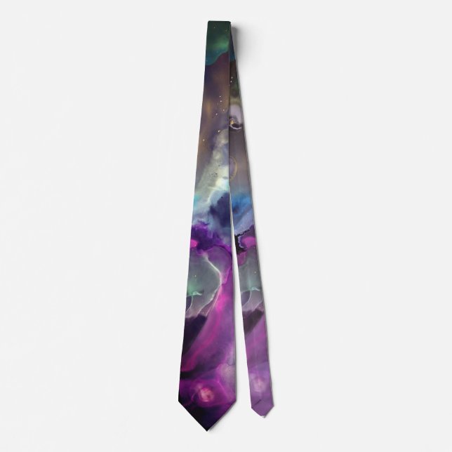 Space Nebula pink blue yellow Alcohol ink art Tie (Front)