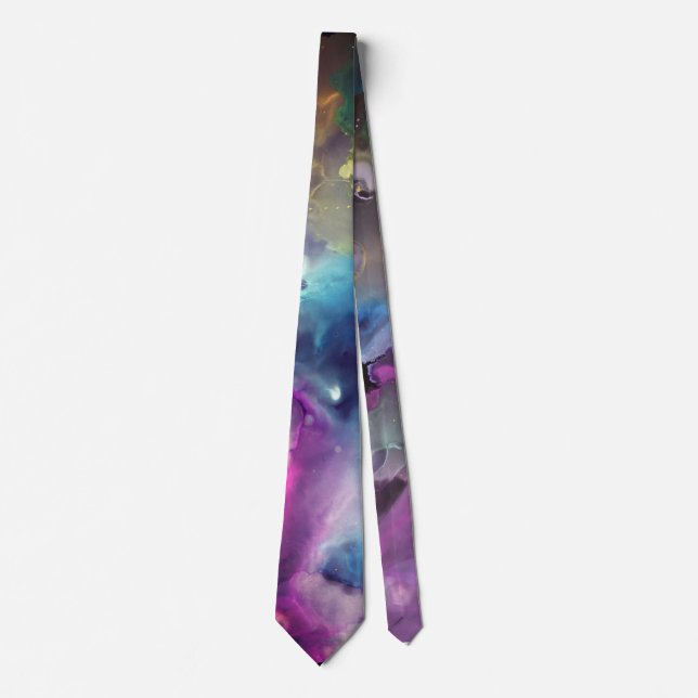 Space Nebula pink blue yellow Alcohol ink art Tie (Front)