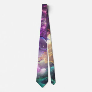 Space Nebula pink, gold green stars Alcohol ink Tie