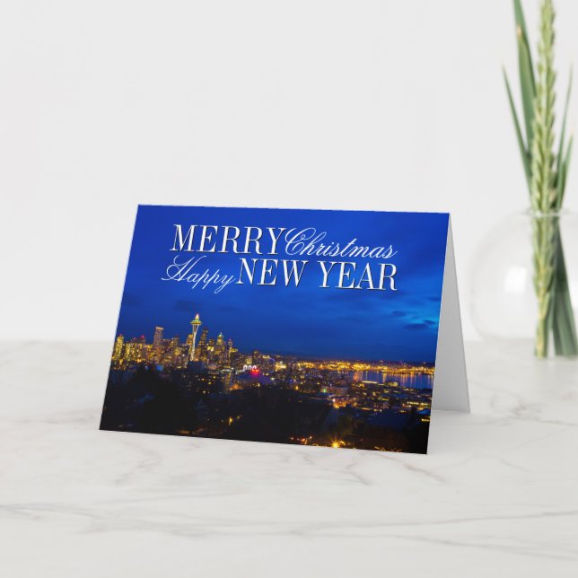 Space Needle Christmas Tree, Seattle Skyline Holiday Card (Front)