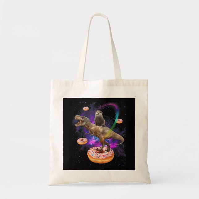 Space Otter Riding Dinosaur T-Rex Doughnuts Tote Bag (Front)