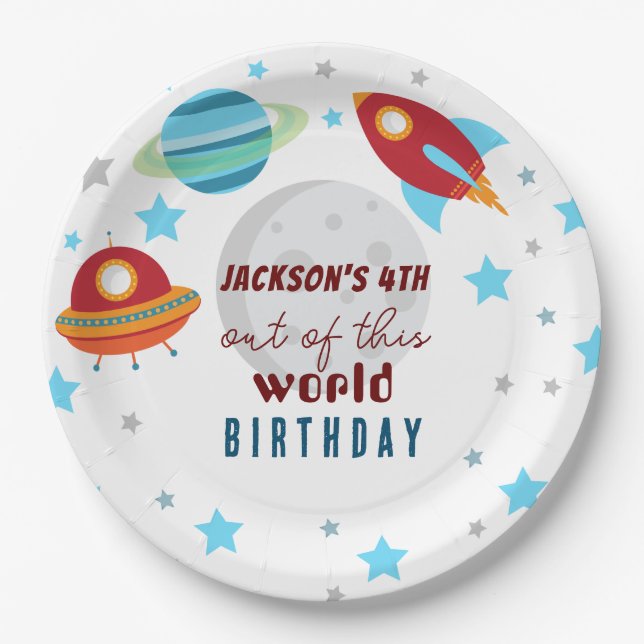 Space Out of this world 4th Birthday  Paper Plate (Front)