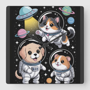 Space Pals – Cute Astronaut Animals Exploring Square Wall Clock