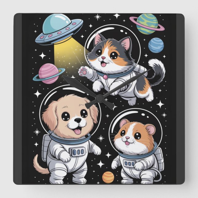 Space Pals – Cute Astronaut Animals Exploring  Square Wall Clock (Front)