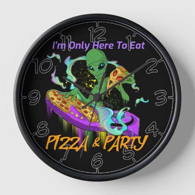 Space Party Dj Alien Eating Pizza Clock (Front)