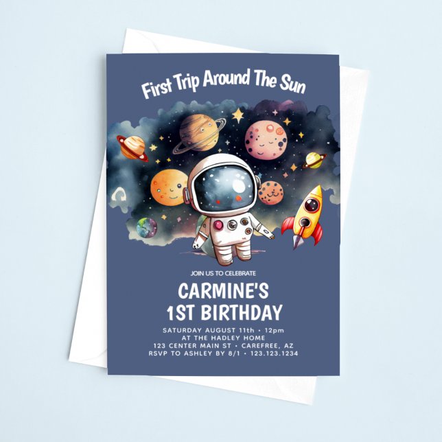 Space Party First Trip Around Sun 1st Birthday Invitation (Creator Uploaded)