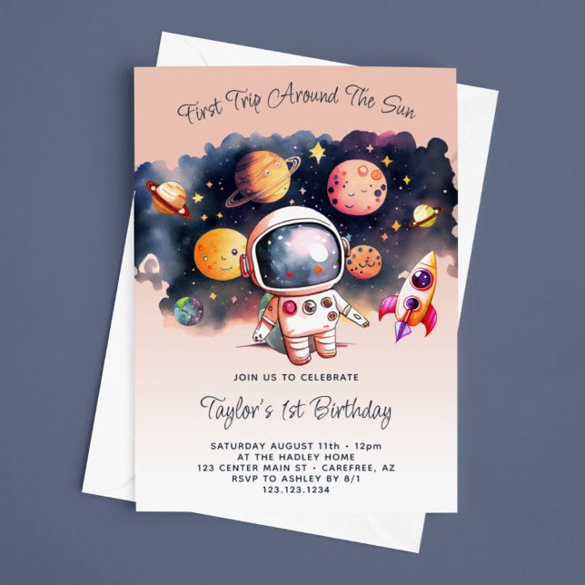 Space Party First Trip Around the Sun Peach Invitation (Creator Uploaded)