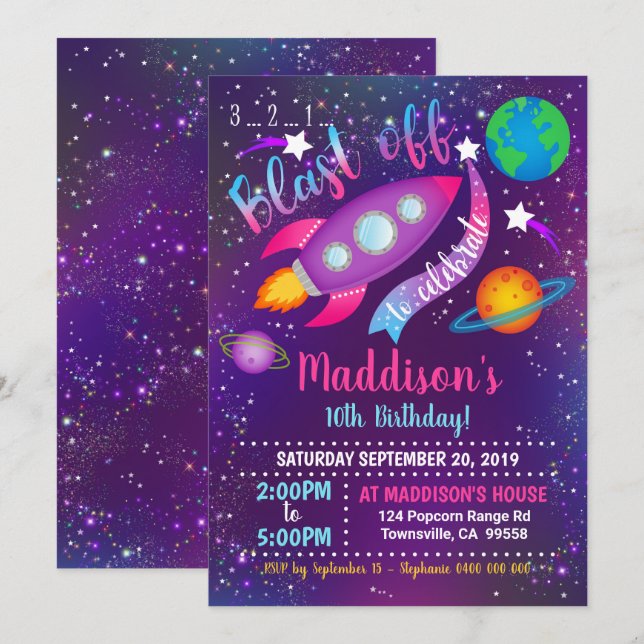 Space Party Invitation Girl (Front/Back)