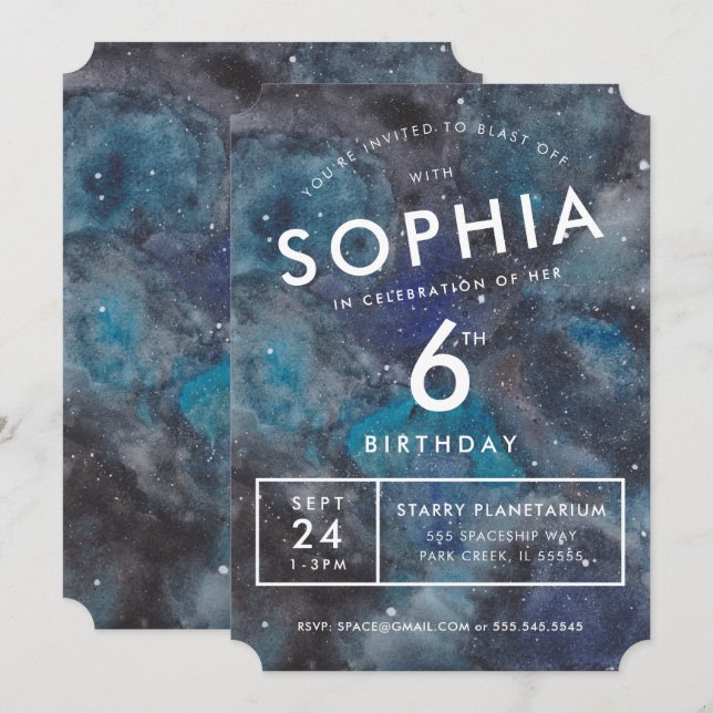 Space Party Watercolor Personalised Kids Birthday Invitation (Front/Back)