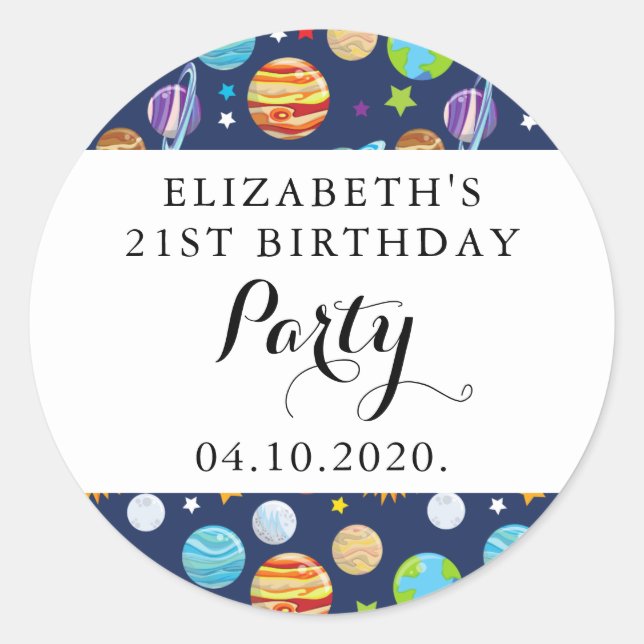 Space Pattern, Planets, Stars, Cosmos, Birthday Classic Round Sticker (Front)