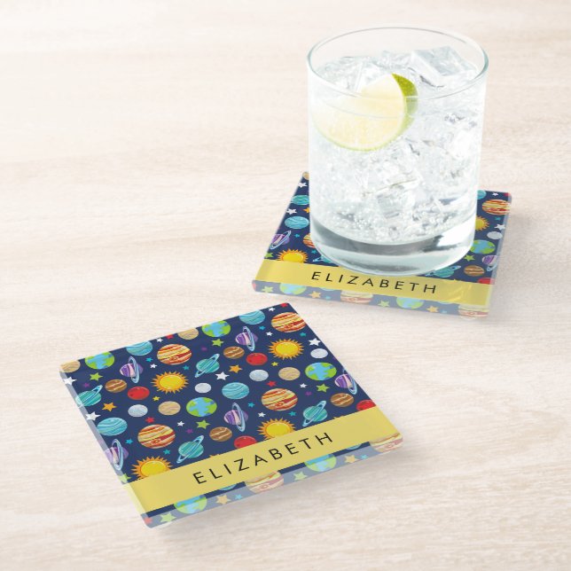 Space Pattern, Planets, Stars, Cosmos, Your Name Glass Coaster (Angled)