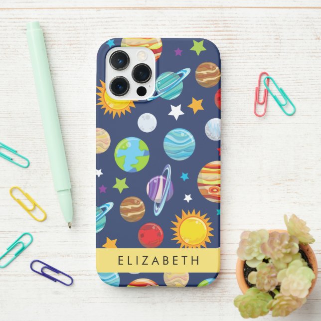 Space Pattern, Planets, Stars, Cosmos, Your Name iPhone Case (On Desk)