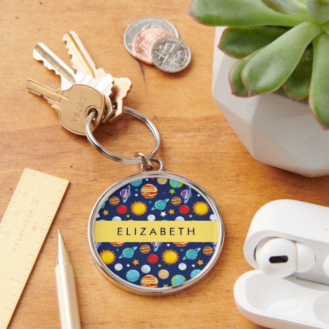 Space Pattern, Planets, Stars, Cosmos, Your Name Key Ring (Desk)