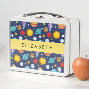 Space Pattern, Planets, Stars, Cosmos, Your Name Metal Lunch Box