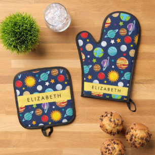 Space Pattern, Planets, Stars, Cosmos, Your Name Oven Mitt & Pot Holder Set