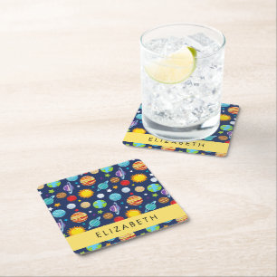 Space Pattern, Planets, Stars, Cosmos, Your Name Square Paper Coaster