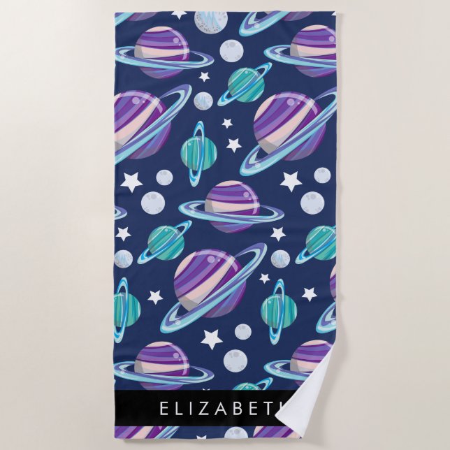 Space Pattern, Planets, Stars, Galaxy, Your Name Beach Towel (Front)