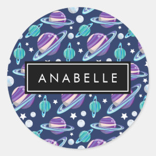 Space Pattern, Planets, Stars, Galaxy, Your Name Classic Round Sticker