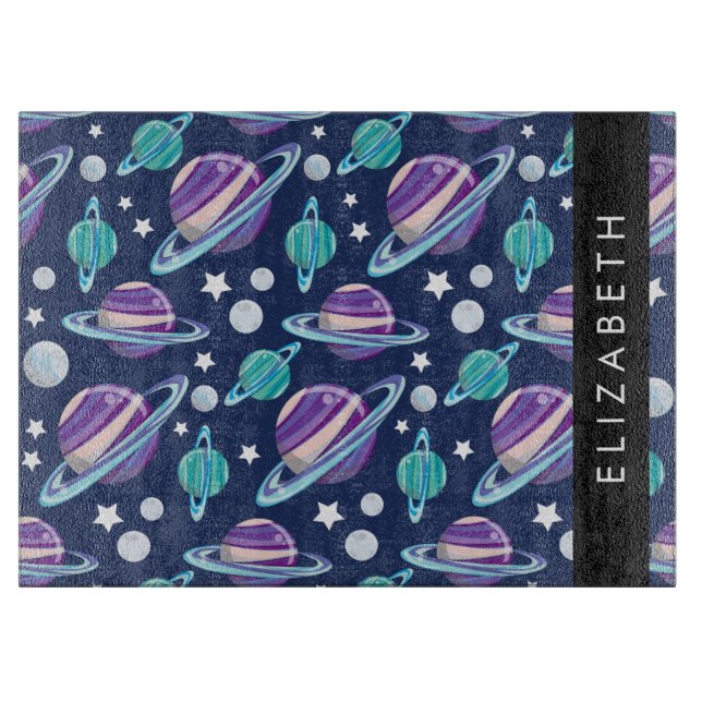 Space Pattern, Planets, Stars, Galaxy, Your Name Cutting Board (Front)