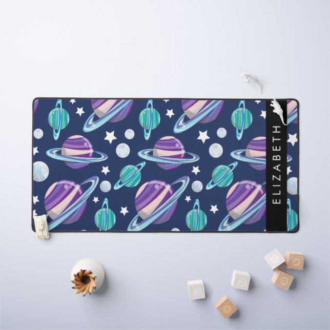 Space Pattern, Planets, Stars, Galaxy, Your Name Desk Mat (Kids Table)