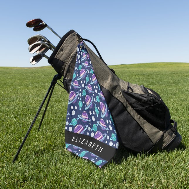 Space Pattern, Planets, Stars, Galaxy, Your Name Golf Towel (Green)
