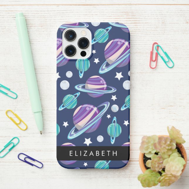 Space Pattern, Planets, Stars, Galaxy, Your Name iPhone Case (On Desk)