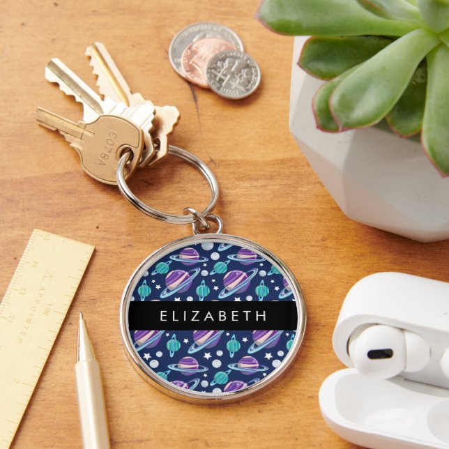 Space Pattern, Planets, Stars, Galaxy, Your Name Key Ring (Desk)