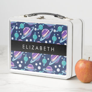 Space Pattern, Planets, Stars, Galaxy, Your Name Metal Lunch Box