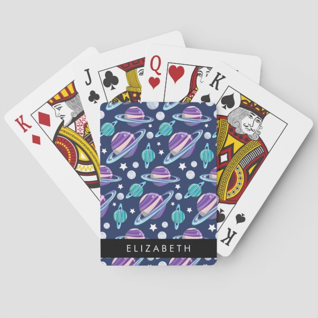 Space Pattern, Planets, Stars, Galaxy, Your Name Playing Cards (Back)