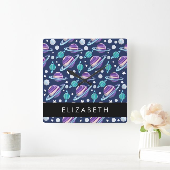 Space Pattern, Planets, Stars, Galaxy, Your Name Square Wall Clock (Home)