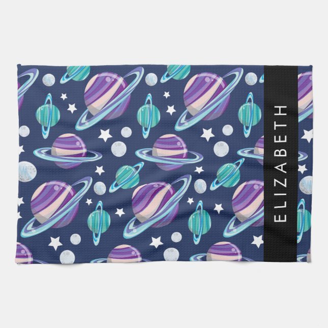 Space Pattern, Planets, Stars, Galaxy, Your Name Tea Towel (Horizontal)
