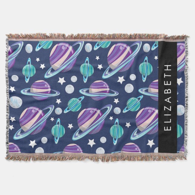 Space Pattern, Planets, Stars, Galaxy, Your Name Throw Blanket (Front)
