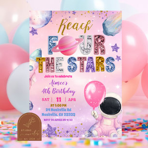  Space Pink Sequin Purple Girl reach FOUR the star Invitation