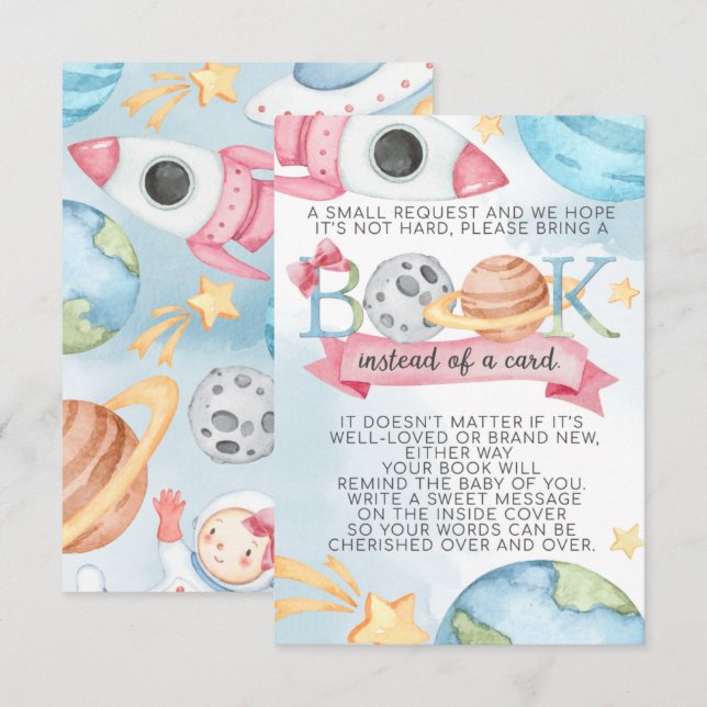 Space Planet Pink Girl Book Request Card for Baby (Front/Back)