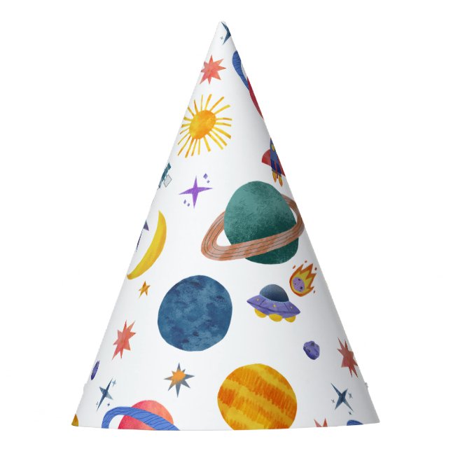 Space Planets Astronaut Moon Stars Birthday Party Hat (Front)