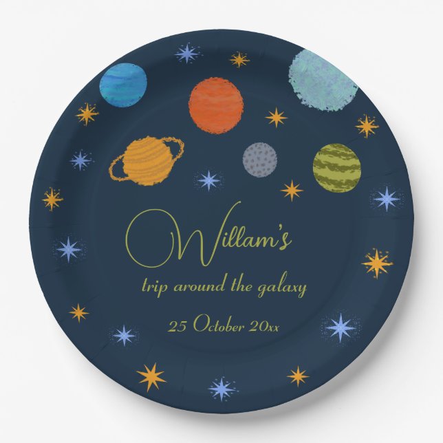 Space Planets Galaxy Stars Boy Baby Shower  Paper Plate (Front)
