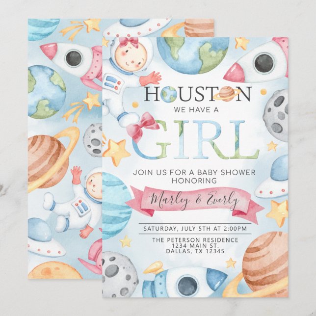 Space Planets Pink Girl Baby Shower Invitation (Front/Back)