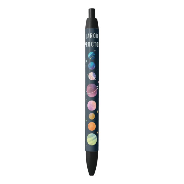 Space Planets Stars Moon Galaxy Personalised Name Black Ink Pen (Front Vertical)