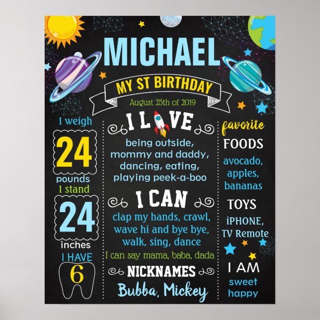Space Planets stars universe Birthday chalk board Poster (Front)