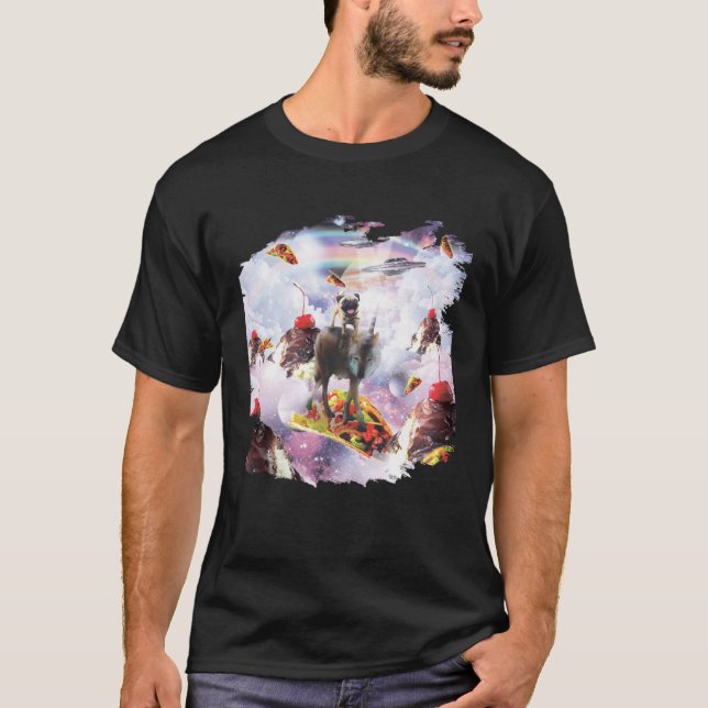 Space Pug Riding Wolf Ice Cream & Taco T-Shirt (Front)