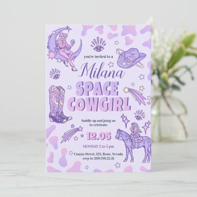 Space Purple Cowgirl Birthday Invitation (Standing Front)