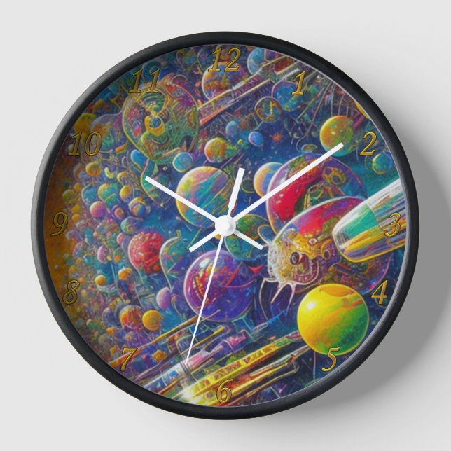 Space Race black wall clock w numbers (Front)