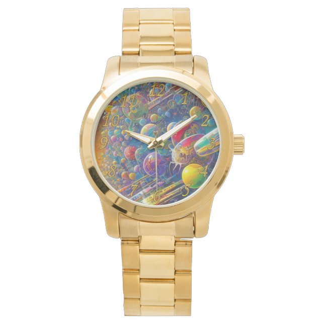 Space Race oversized gold wristwatch w numbers (Front)