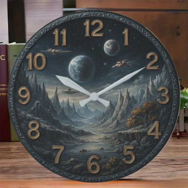 Space retro galaxy astronaut planetary rocket ship large clock (Creator Uploaded)