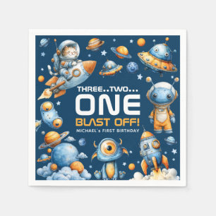 Space Rocket Astronaut Cat Blast Off 1st Birthday Napkin